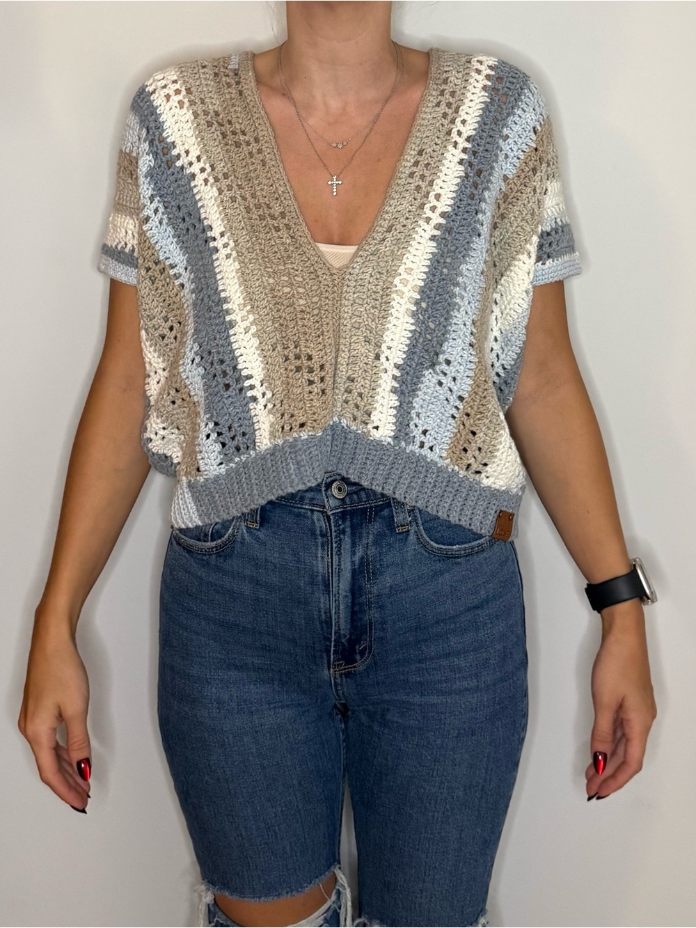 Crochet V-Neck Vest in Cream, Gray & Taupe